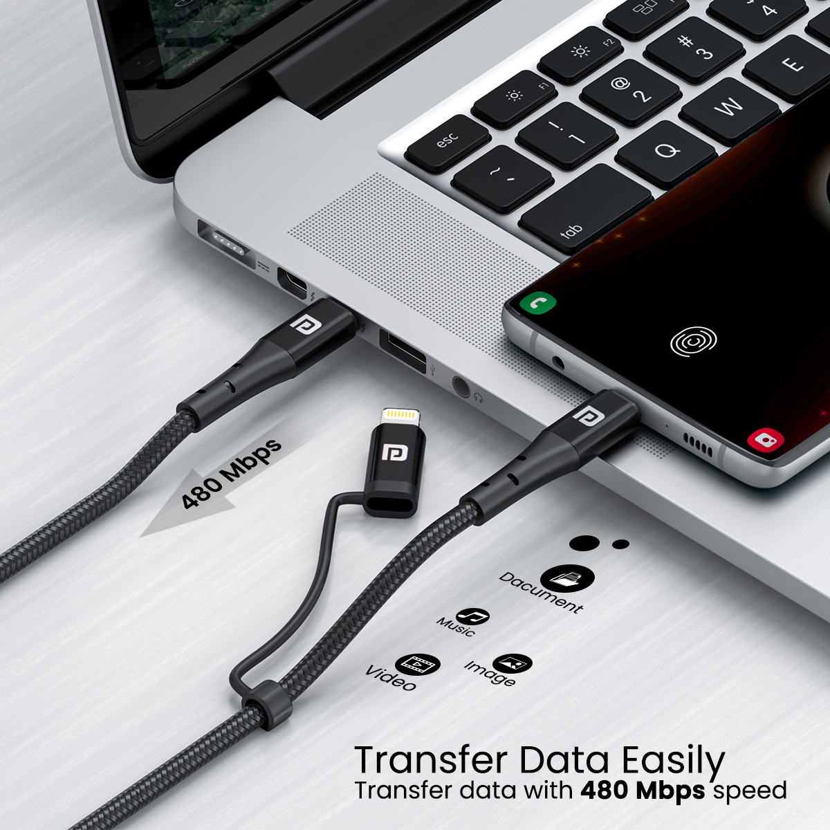 Portronics Lightning Cable 2 A 1.2 m Konnect J6 60W 2-in-1 (Type C to 8 PIN + Type-C) (Compatible with Smartphones, Tablet, Black, One Cable) - Image 2