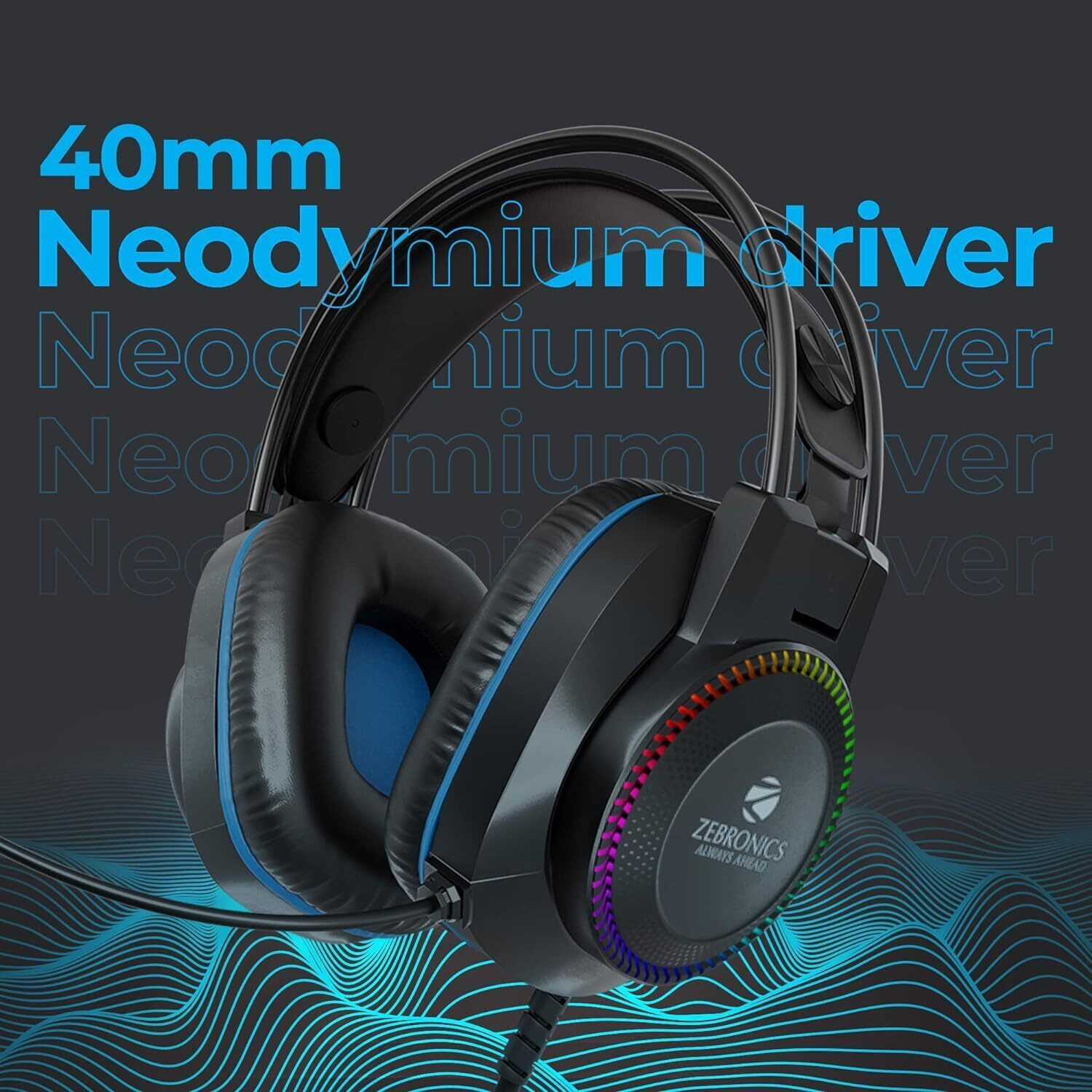 ZEBRONICS Zeb-Jet� Premium Headphone,LED Headband,Suspension Design, 2 mtr 3.5mm+USB Wired Gaming (Black + Blue, On the Ear) - Image 2