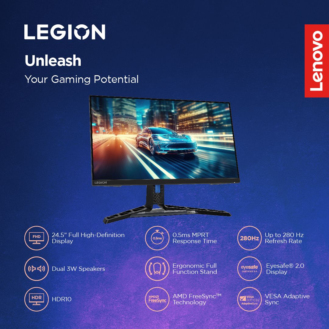 Lenovo 158.06 cm (62 cm) Full HD VA Panel 99% sRGB, 90% DCI-P3, 2x3W Inbuilt Speakers, 2xHDMI 2.1, 1xDP, Tilt/Swivel/Pivot/Height Adjustable Stand Gaming Monitor - Image 2