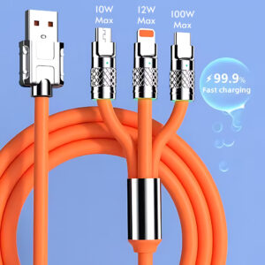 Doyers 3-in-1 Cable 6 A 1 m Silicone Multiple USB Cable Universal Charging Cord with Type-C, Micro USB and iP Port for Cell Phones and More (Compatible with Smartphones, iPhone, Android, Orange, One Cable)