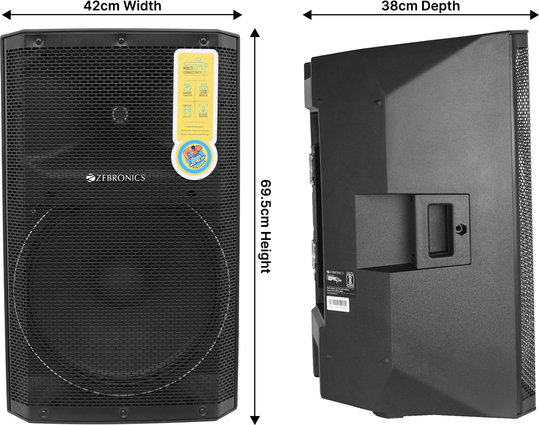 ZEBRONICS Zebronics - Epic Plus,BT v5.0 / USB / SD / FM / AUX / Mic Input,40W RMS 480 W Bluetooth Party Speaker (Black, Mono Channel) - Image 3