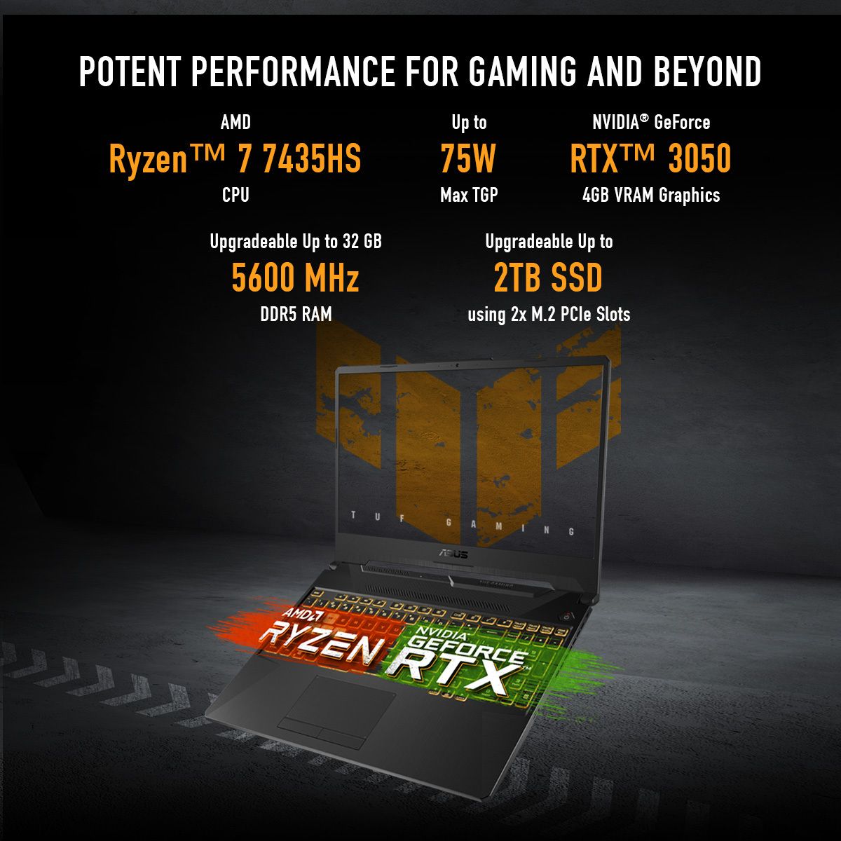 ASUS TUF Gaming A15 AMD Ryzen 7 Hexa Core 7435HS - (16 GB/512 GB SSD/Windows 11 Home/4 GB Graphics/NVIDIA GeForce RTX 3050) FA566NCR-HN075W Gaming Laptop (15.6 inch, Black, 2.30 Kg) - Image 2