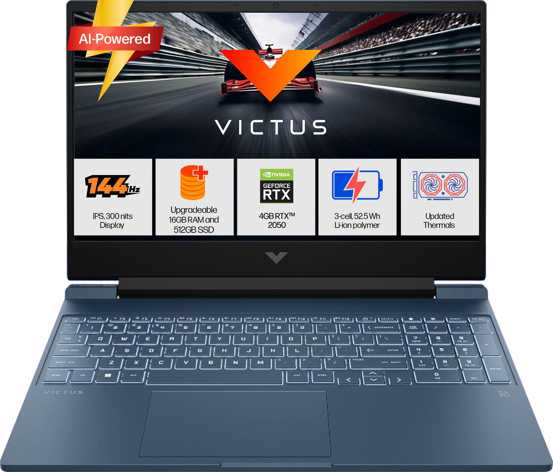 HP Victus AI 31 TOPS AMD Ryzen 5 Hexa Core 8645HS - (16 GB/512 GB SSD/Windows 11 Home/4 GB Graphics/NVIDIA GeForce RTX 2050/144 Hz) fb3003AX Gaming Laptop (15.6 inch, Blue, 2.29 Kg, With MS Office)